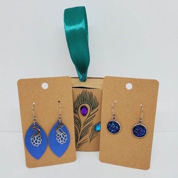 Lot of 2 KL Sparkles Jewelry Dangle Earrings "Elegant Peacock" Faux Leather - Picture 1 of 5